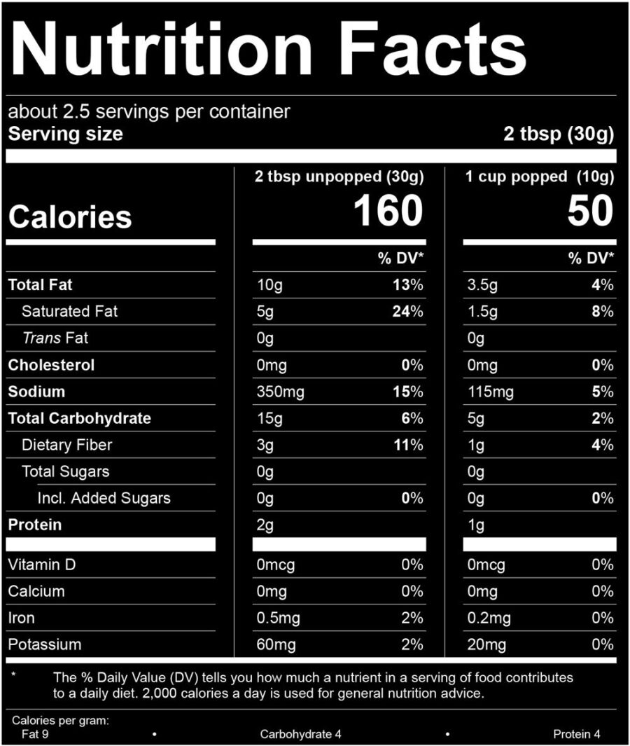 Popfully Hot Cheddar Nutrition Label